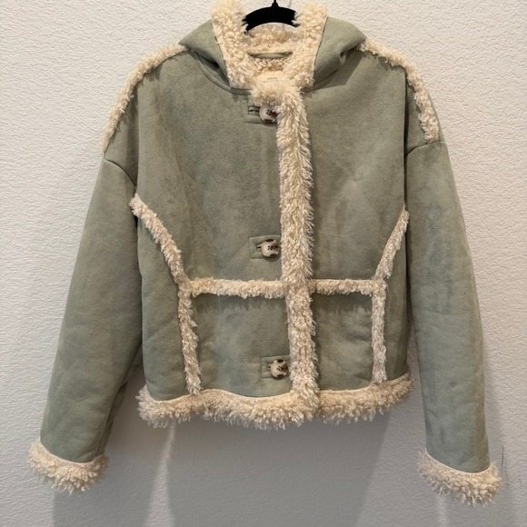 Urban Outfitters Jackets & Blazers - Urban Outfitters Sage Green Faux Suede Shearling Hooded Jacket Coat Small